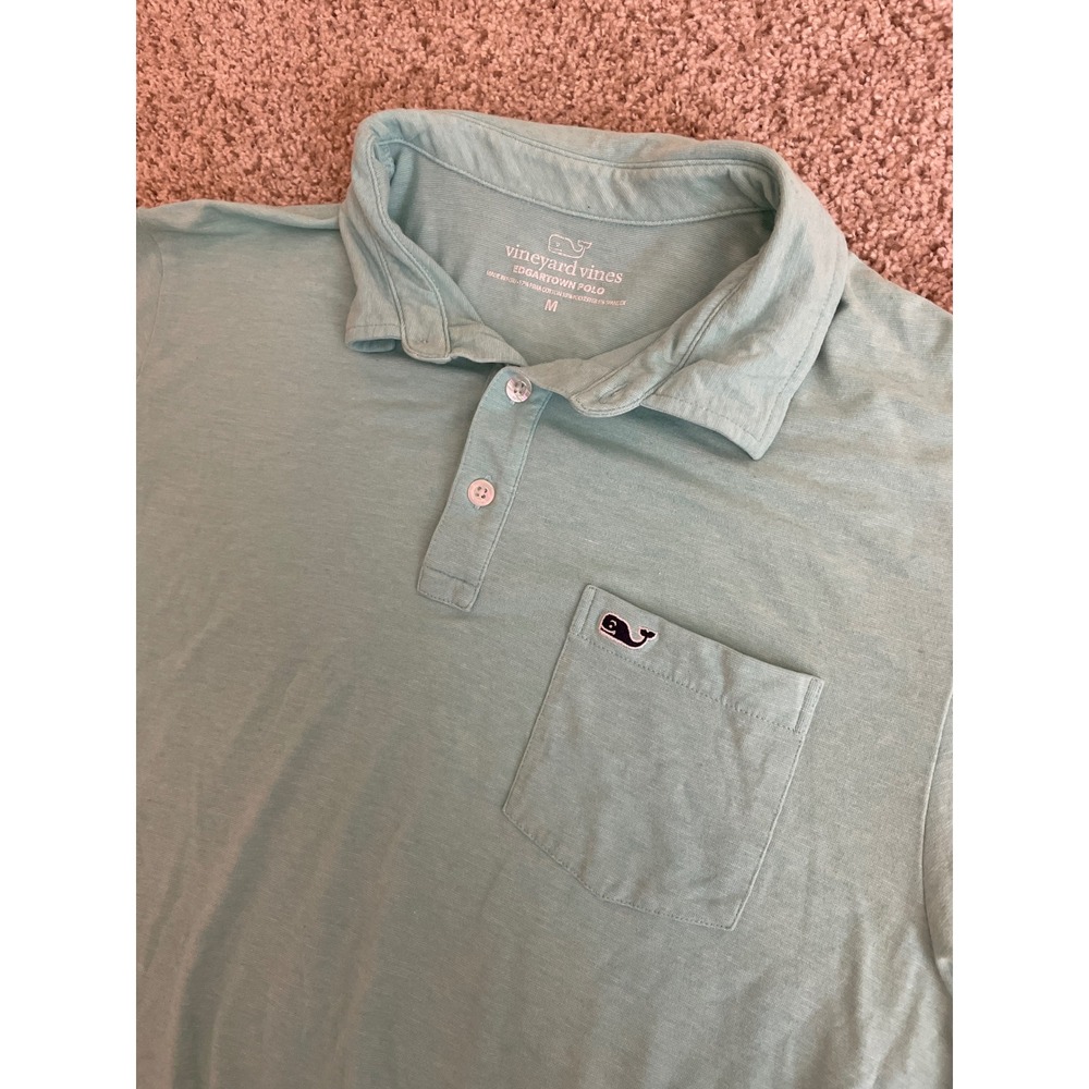 Vineyard Vines Men Edgartown Polo Medium Blue Pima Cotton Blend Pocket Short Slv